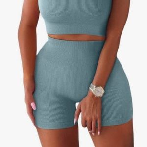 QINSEN Workout High Waist Yoga Shorts (Blue)